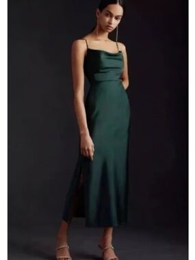 Anthropologie BHLDN Satin Cowl Neck Emerald Green Midi Slip Dress Size 10
